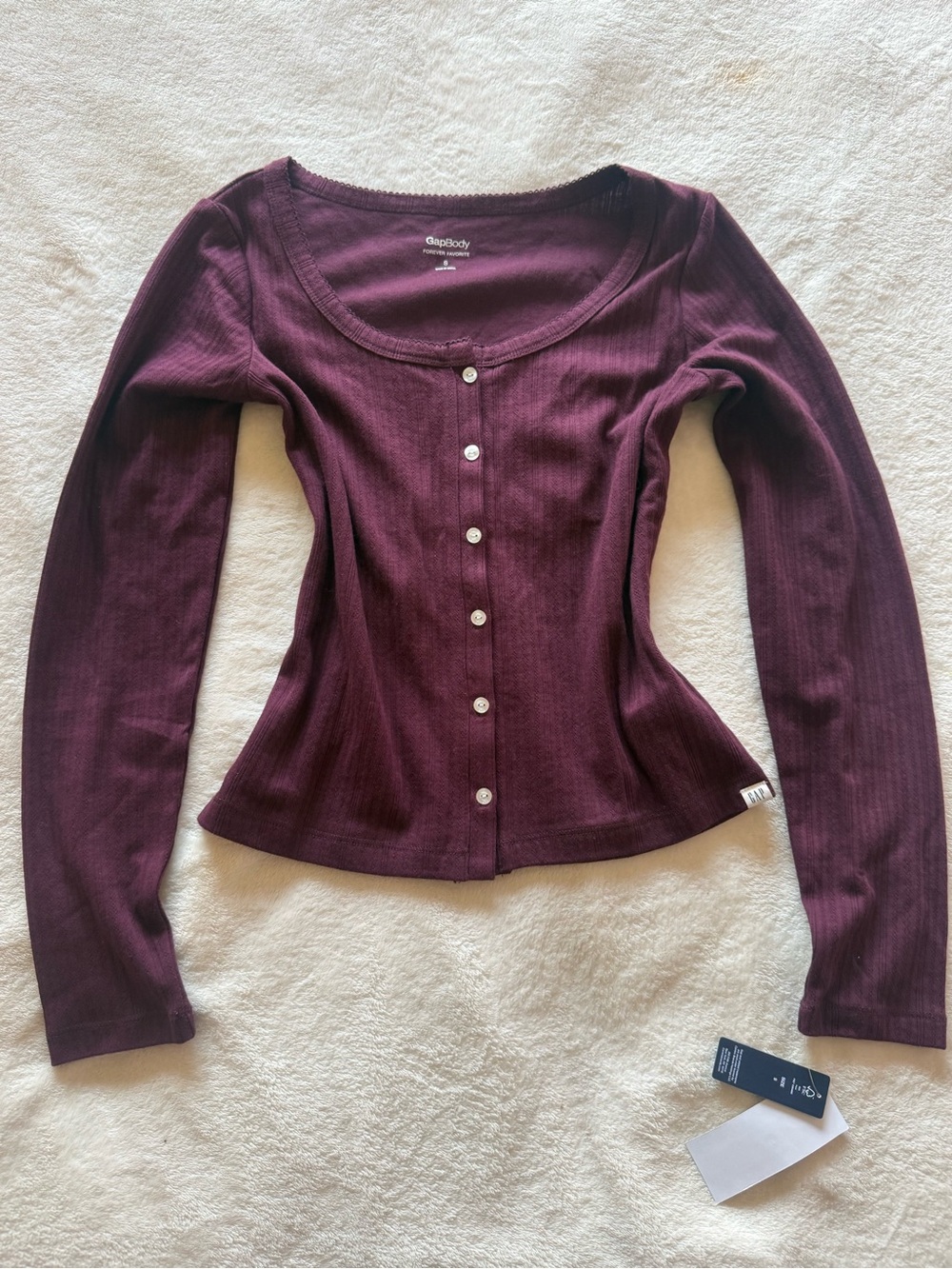 GapBody Women's Long-Sleeve Button-Front Ribbed Top - Deep Plum